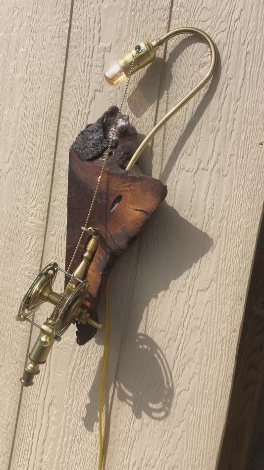 Video of Marlin, a wall-mounted sculptural fishing rod lamp by Random Brass. Demonstrates the reel mechanism in action — turning the brass reel pulls the beaded line, operating the lamp and lighting the Edison filament bulb mounted at the top of the curved gooseneck arm. Built from antique lamp parts on a charred reclaimed wood slab.